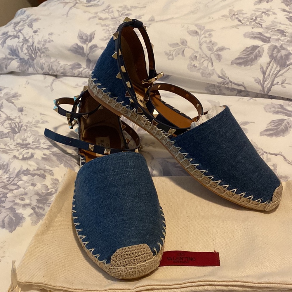VALENTINO Denim Rockstud Double Flat Espadrilles